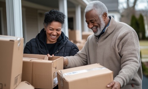 two people smiling and holding boxes